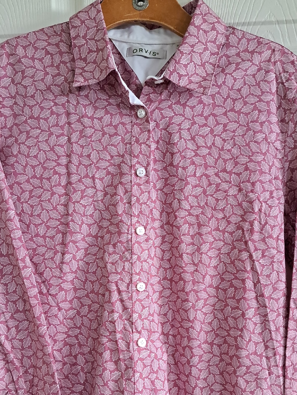 Orvis 100% Cotton Pink Leaf Print Comfy Casual Muted Pink Button Down Shirt - Picture 3 of 10